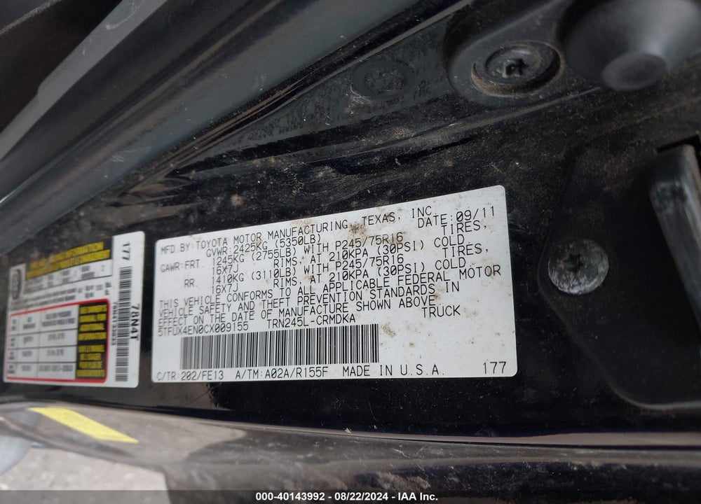 2012 TOYOTA TACOMA VIN: 5TFUX4EN0CX009155