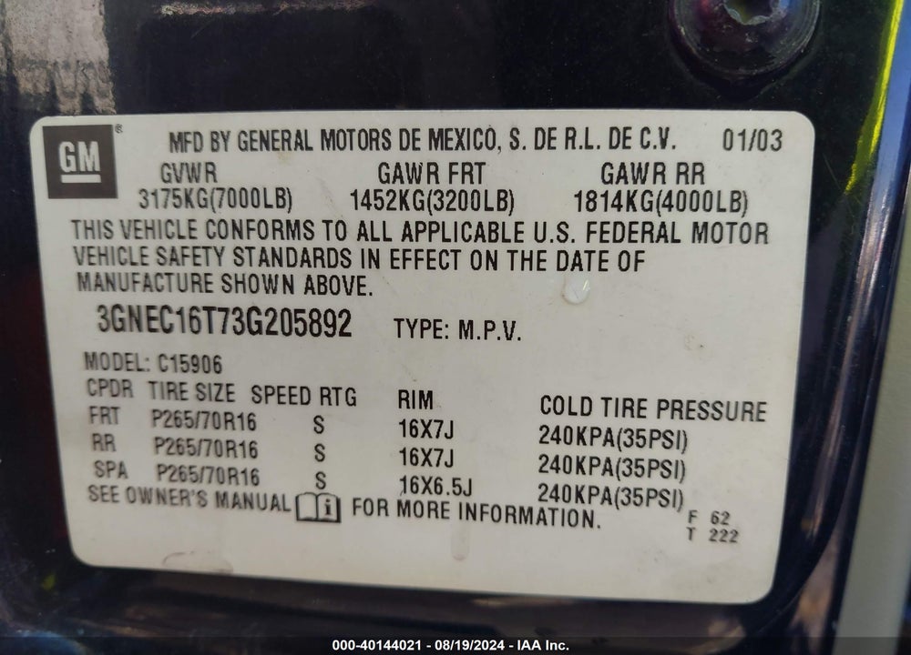 2003 CHEVROLET SUBURBAN 1500 LS VIN: 3GNEC16T73G205892