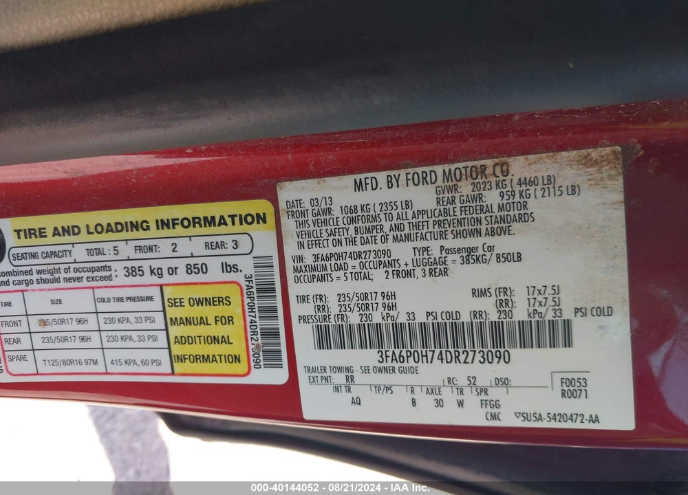 2013 FORD FUSION SE VIN: 3FA6P0H74DR273090