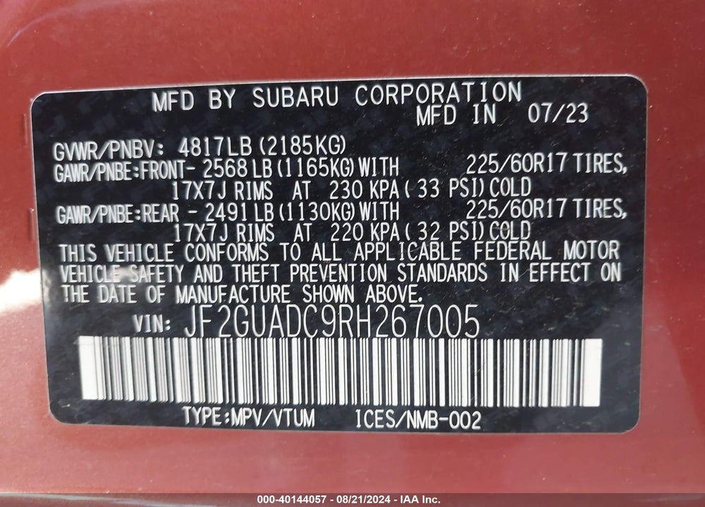 2024 SUBARU CROSSTREK PREMIUM VIN: JF2GUADC9RH267005