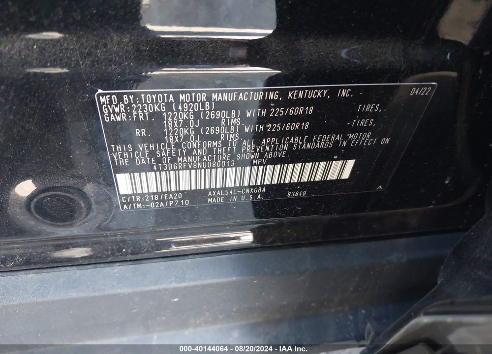 2022 TOYOTA RAV4 HYBRID LIMITED VIN: 4T3D6RFV8NU080013
