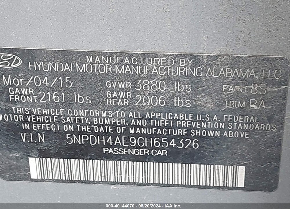 2016 HYUNDAI ELANTRA SE VIN: 5NPDH4AE9GH654326