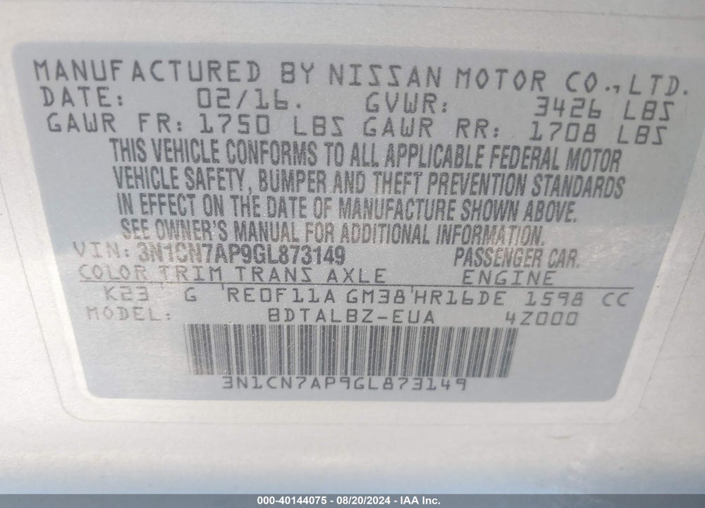 2016 NISSAN VERSA 1.6 SV VIN: 3N1CN7AP9GL873149