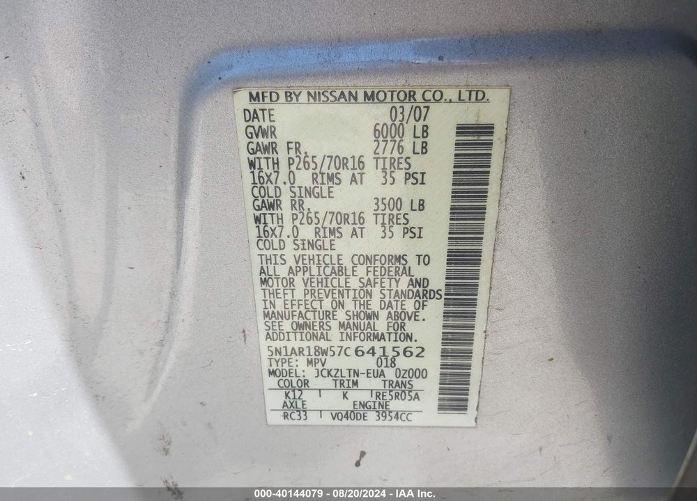 2007 NISSAN PATHFINDER SE VIN: 5N1AR18W57C641562