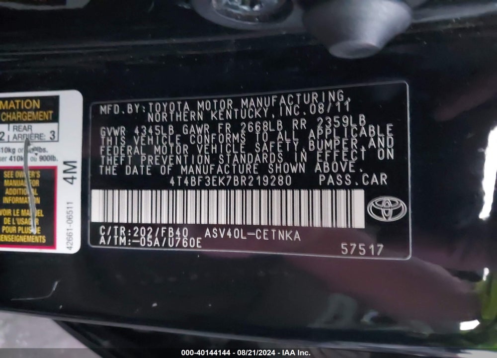 2011 TOYOTA CAMRY LE VIN: 4T4BF3EK7BR219280