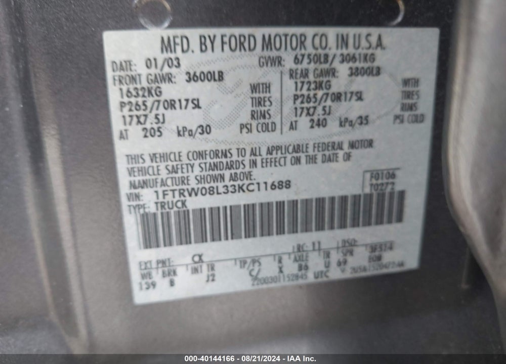 2003 FORD F-150 LARIAT/XLT VIN: 1FTRW08L33KC11688