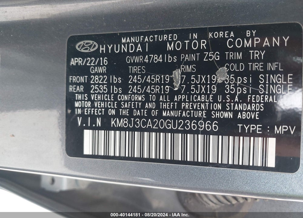 2016 HYUNDAI TUCSON VIN: KM8J3CA20GU236966