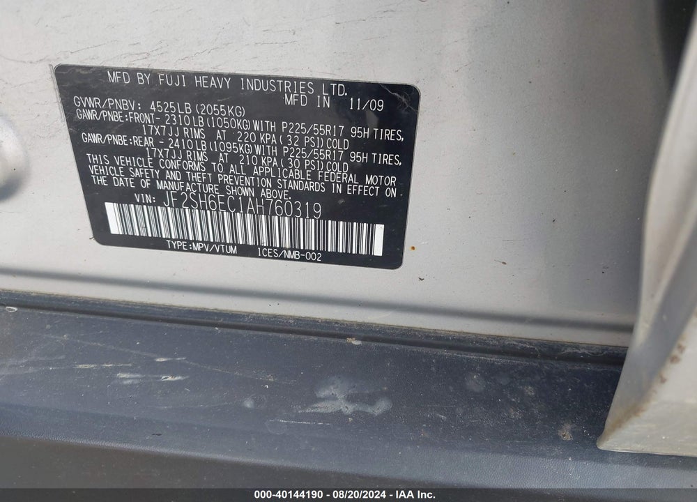 2010 SUBARU FORESTER 2.5XT PREMIUM VIN: JF2SH6EC1AH760319