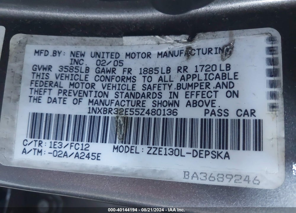 2005 TOYOTA COROLLA S VIN: 1NXBR32E55Z480136