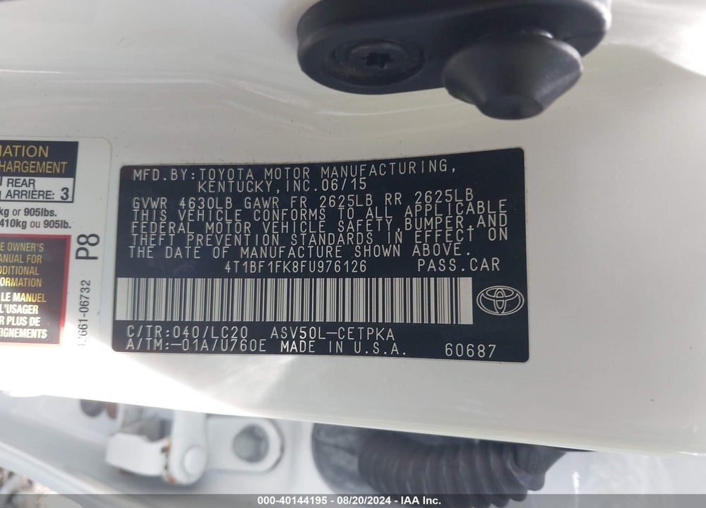2015 TOYOTA CAMRY XSE VIN: 4T1BF1FK8FU976126