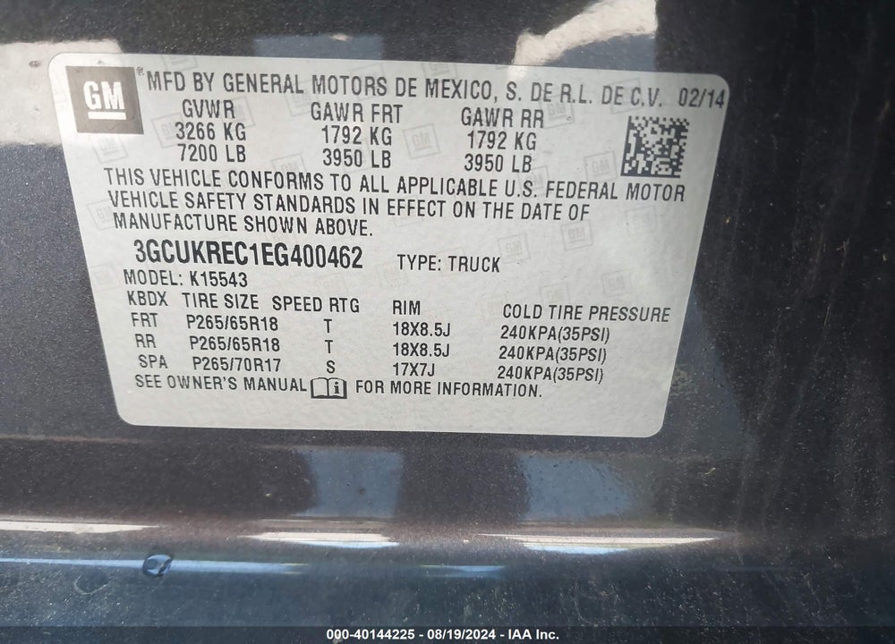 2014 CHEVROLET SILVERADO 1500 1LT VIN: 3GCUKREC1EG400462