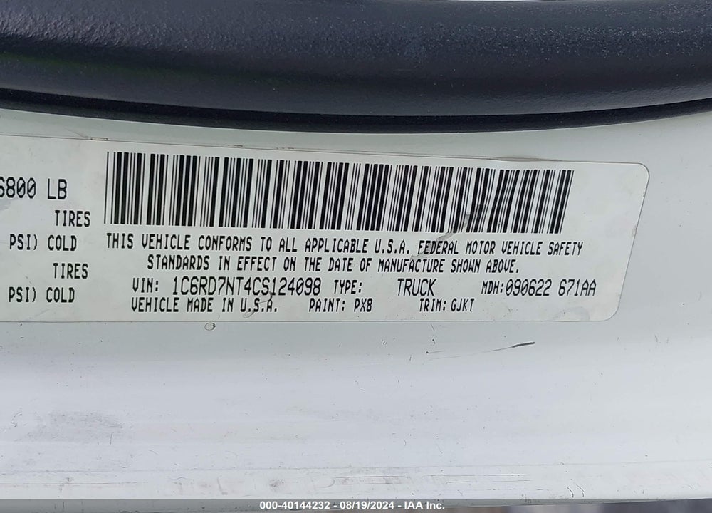 2012 RAM 1500 LAIE VIN: 1C6RD7NT4CS124098