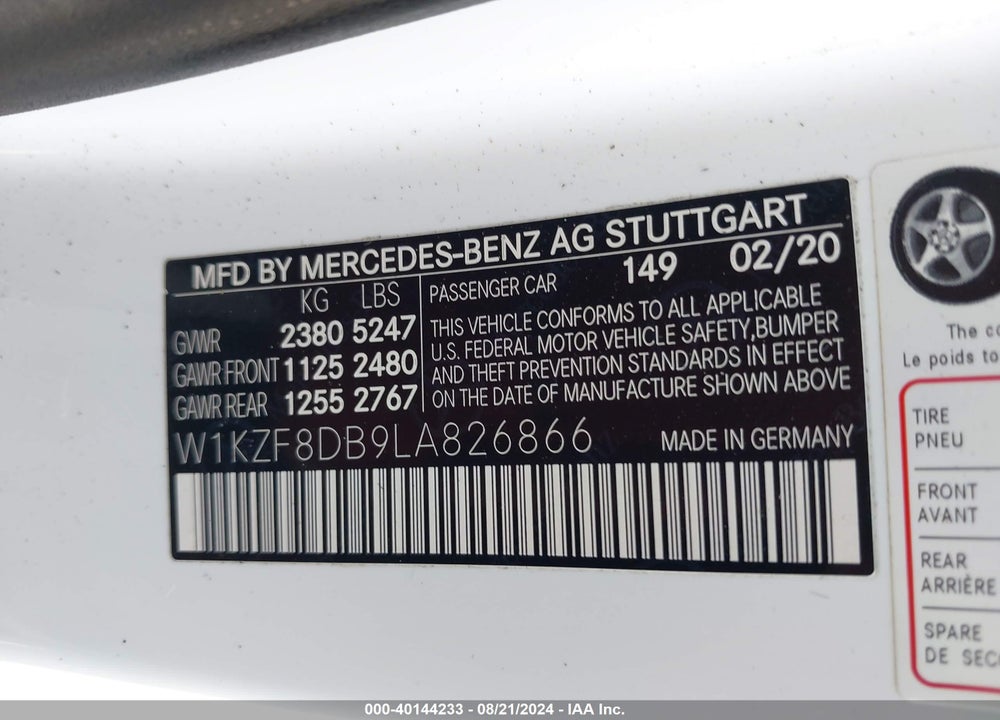 2020 MERCEDES-BENZ E 350 VIN: W1KZF8DB9LA826866