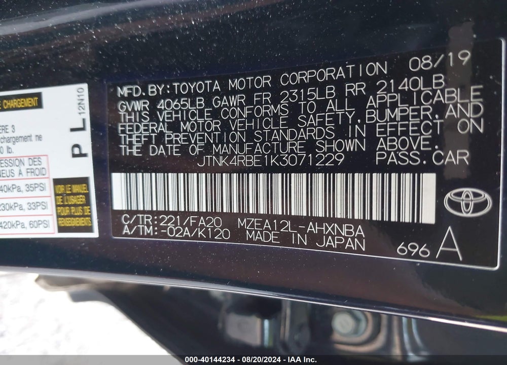 2019 TOYOTA COROLLA SE VIN: JTNK4RBE1K3071229
