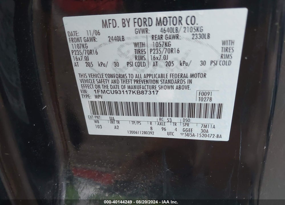 2007 FORD ESCAPE XLT/XLT SPORT VIN: 1FMCU93117KB87317