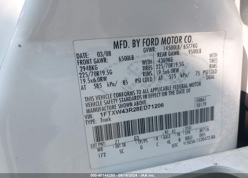 2008 FORD F-450 KING RANCH/LARIAT/XL/XLT VIN: 1FTXW43R28ED71206