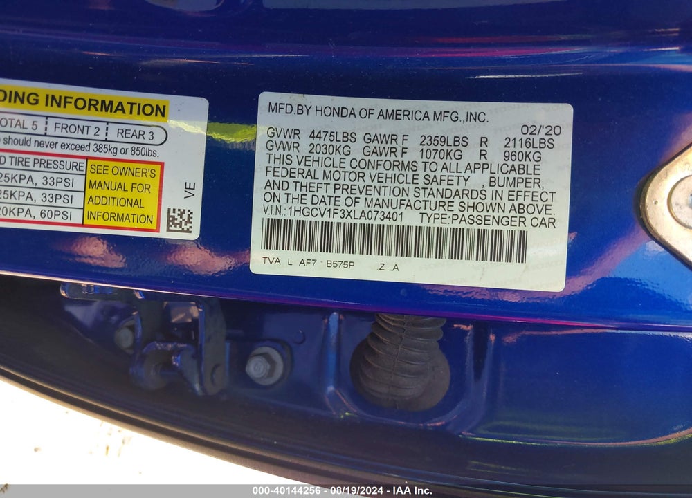 2020 HONDA ACCORD SPORT VIN: 1HGCV1F3XLA073401