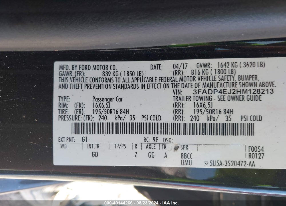2017 FORD FIESTA SE VIN: 3FADP4EJ2HM128213