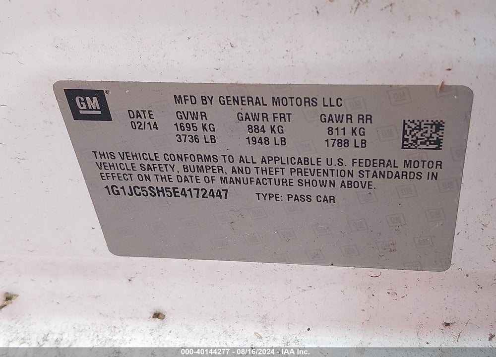 2014 CHEVROLET SONIC LT AUTO VIN: 1G1JC5SH5E4172447