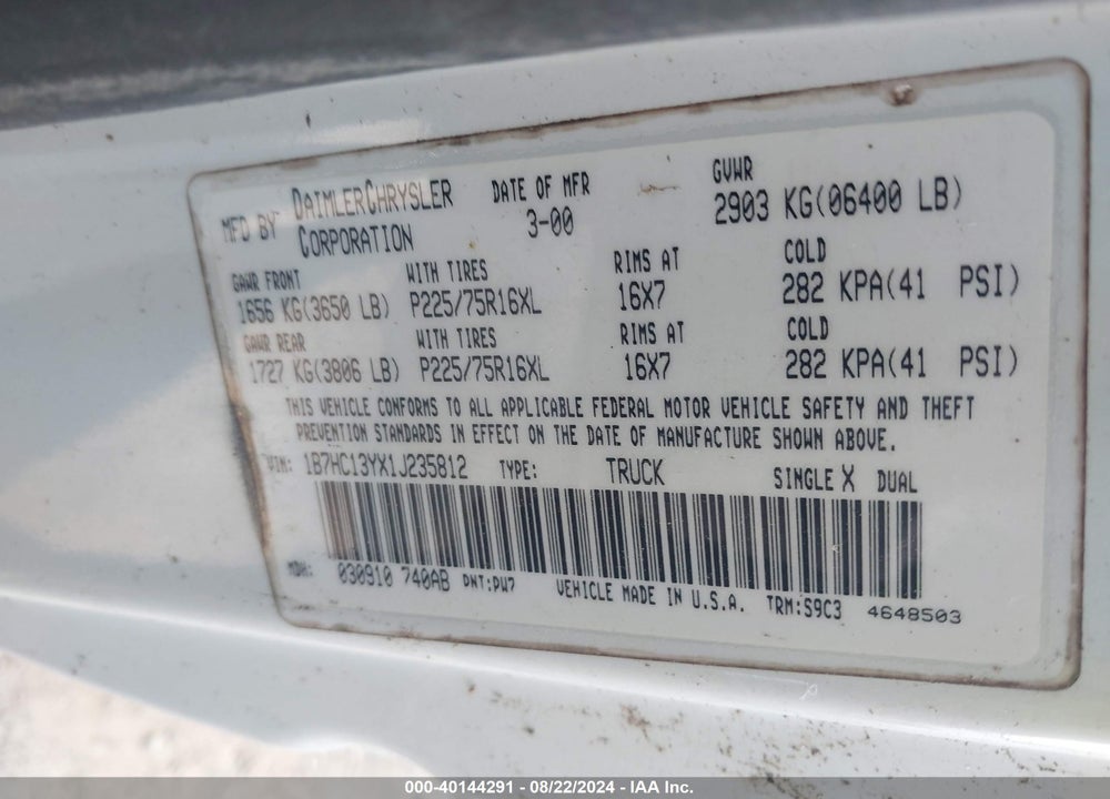 2001 DODGE RAM 1500 ST VIN: 1B7HC13YX1J235812