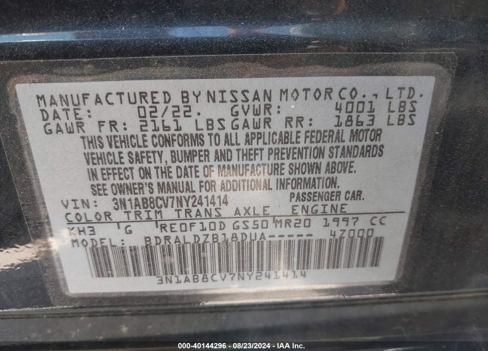 2022 NISSAN SENTRA SV XTRONIC CVT VIN: 3N1AB8CV7NY241414