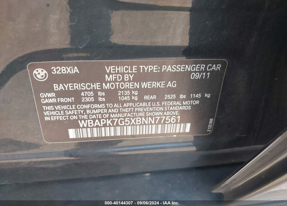2011 BMW 328I XDRIVE VIN: WBAPK7G5XBNN77561