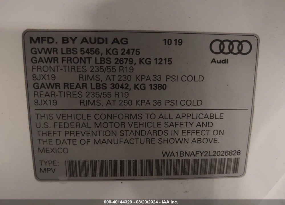 2020 AUDI Q5 PREMIUM PLUS 45 TFSI QUATTRO S TRONIC VIN: WA1BNAFY2L2026826