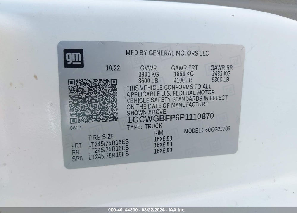 2023 CHEVROLET EXPRESS CARGO RWD 2500 EXTENDED WHEELBASE WT VIN: 1GCWGBFP6P1110870