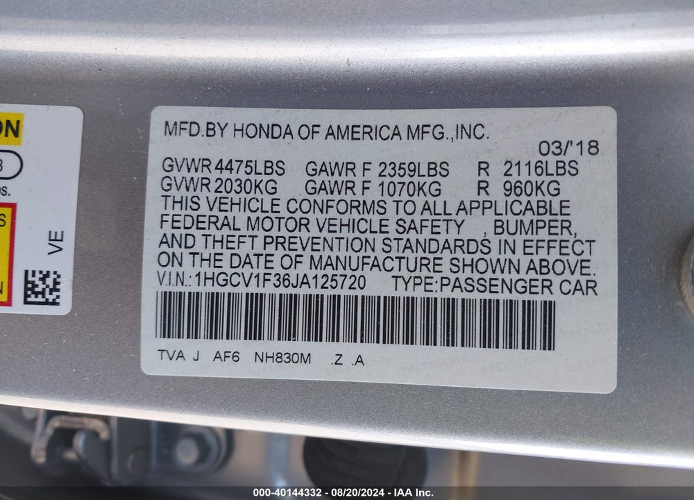 2018 HONDA ACCORD SPORT VIN: 1HGCV1F36JA125720