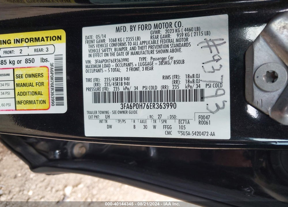 2014 FORD FUSION SE VIN: 3FA6P0H76ER363990