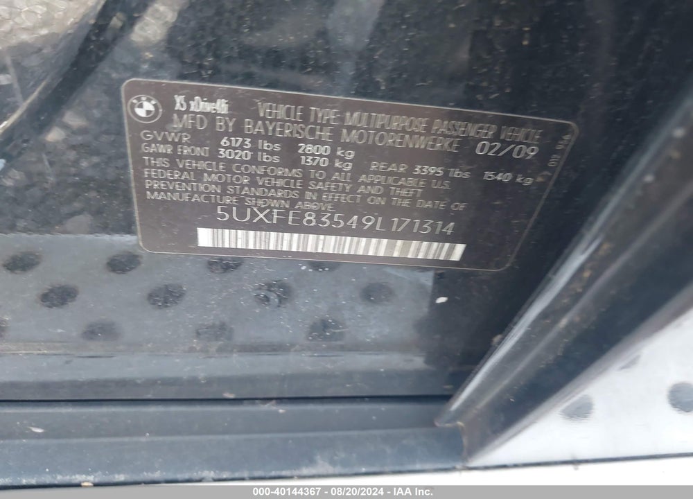 2009 BMW X5 XDRIVE48I VIN: 5UXFE83549L171314