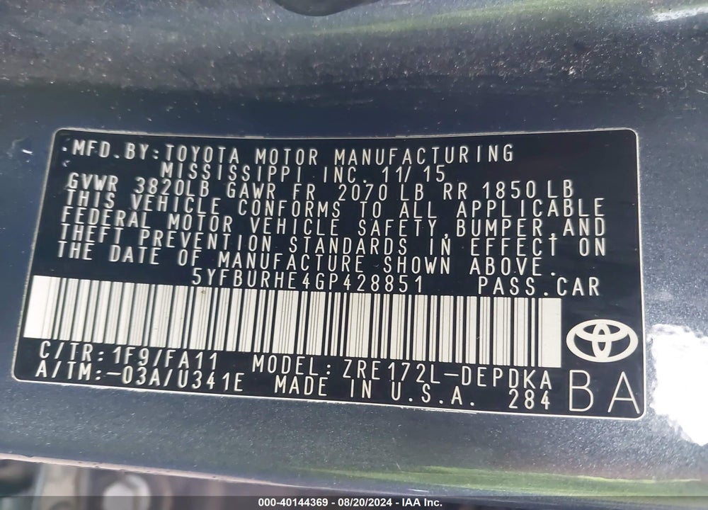 2016 TOYOTA COROLLA L VIN: 5YFBURHE4GP428851