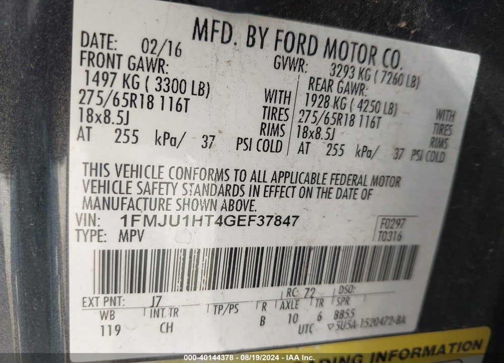 2016 FORD EXPEDITION XLT VIN: 1FMJU1HT4GEF37847