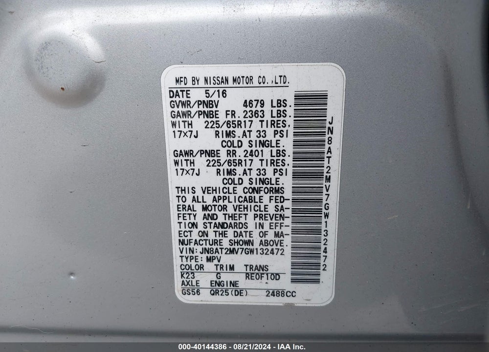 2016 NISSAN ROGUE S VIN: JN8AT2MV7GW132472