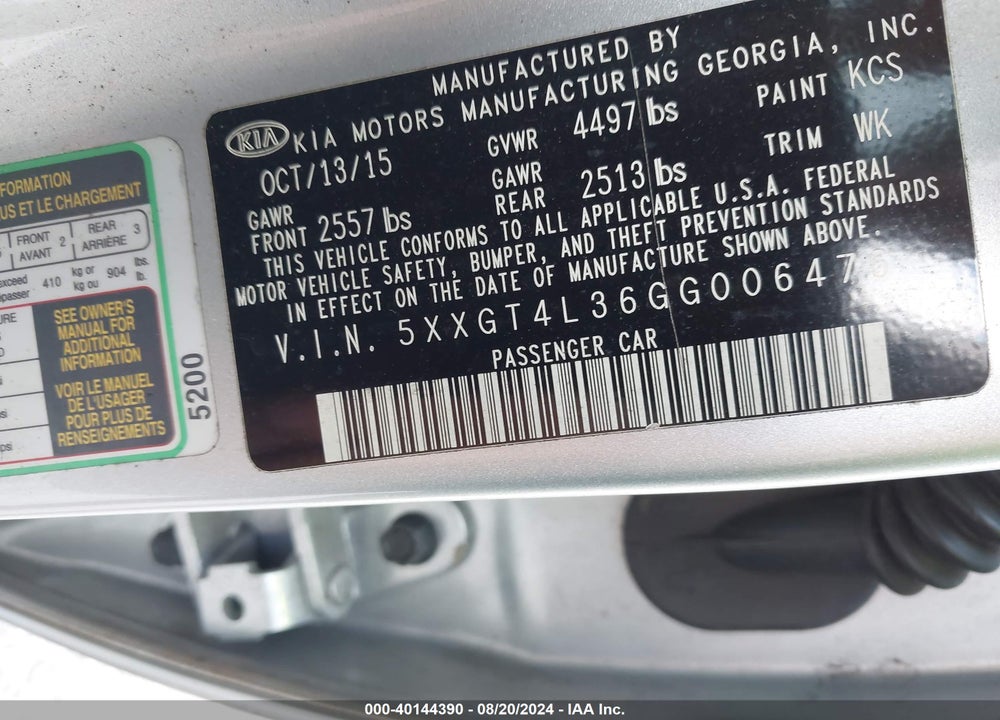 2016 KIA OPTIMA LX VIN: 5XXGT4L36GG006476