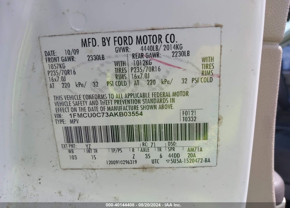 2010 FORD ESCAPE XLS VIN: 1FMCU0C73AKB03554