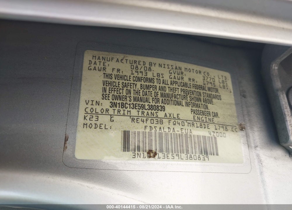 2009 NISSAN VERSA 1.8S VIN: 3N1BC13E59L380839