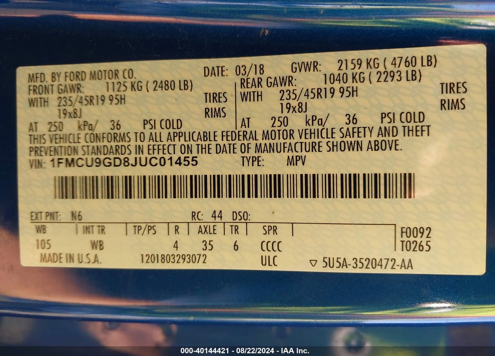 2018 FORD ESCAPE SE VIN: 1FMCU9GD8JUC01455