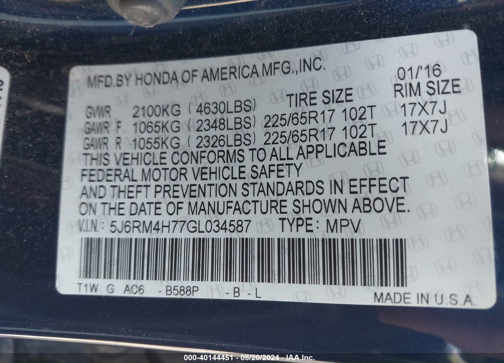 2016 HONDA CR-V EX-L VIN: 5J6RM4H77GL034587