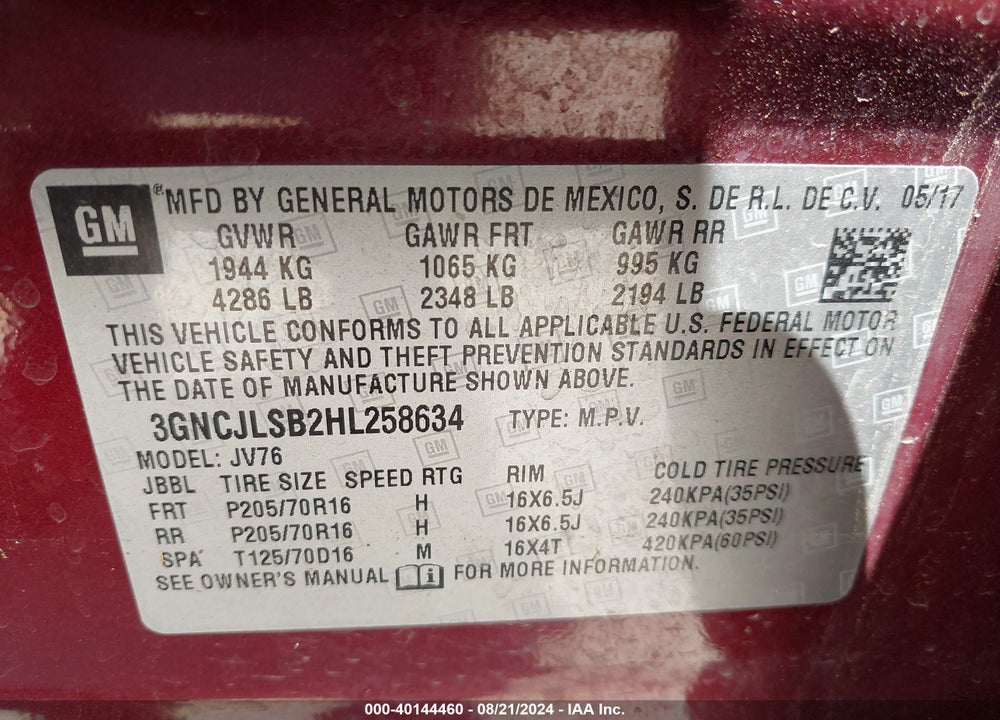 2017 CHEVROLET TRAX LT VIN: 3GNCJLSB2HL258634