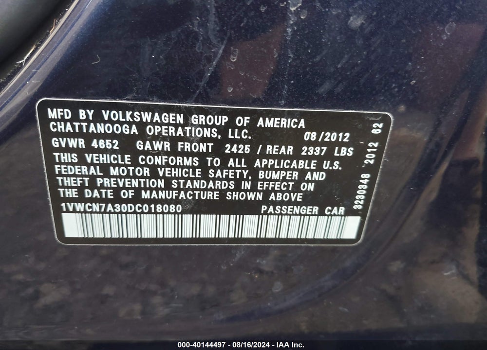 2013 VOLKSWAGEN PASSAT VIN: 1VWCN7A30DC018080