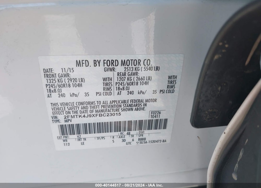 2015 FORD EDGE SEL VIN: 2FMTK4J9XFBC23015