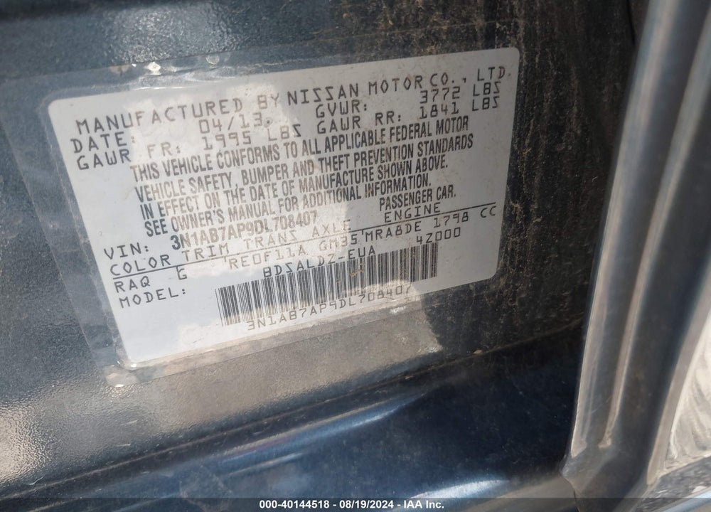 2013 NISSAN SENTRA VIN: 3N1AB7AP9DL708407