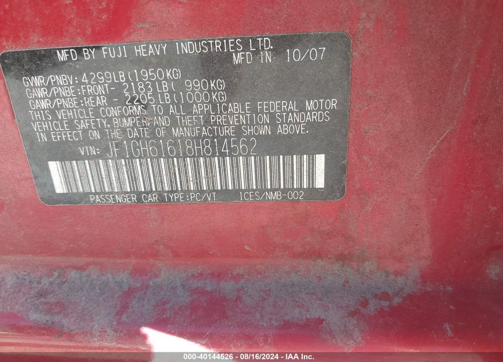 2008 SUBARU IMPREZA 2.5I VIN: JF1GH61618H814562