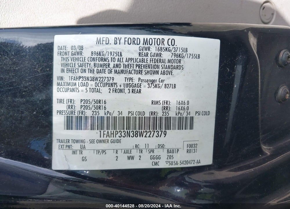 2008 FORD FOCUS SE/SES VIN: 1FAHP33N38W227379