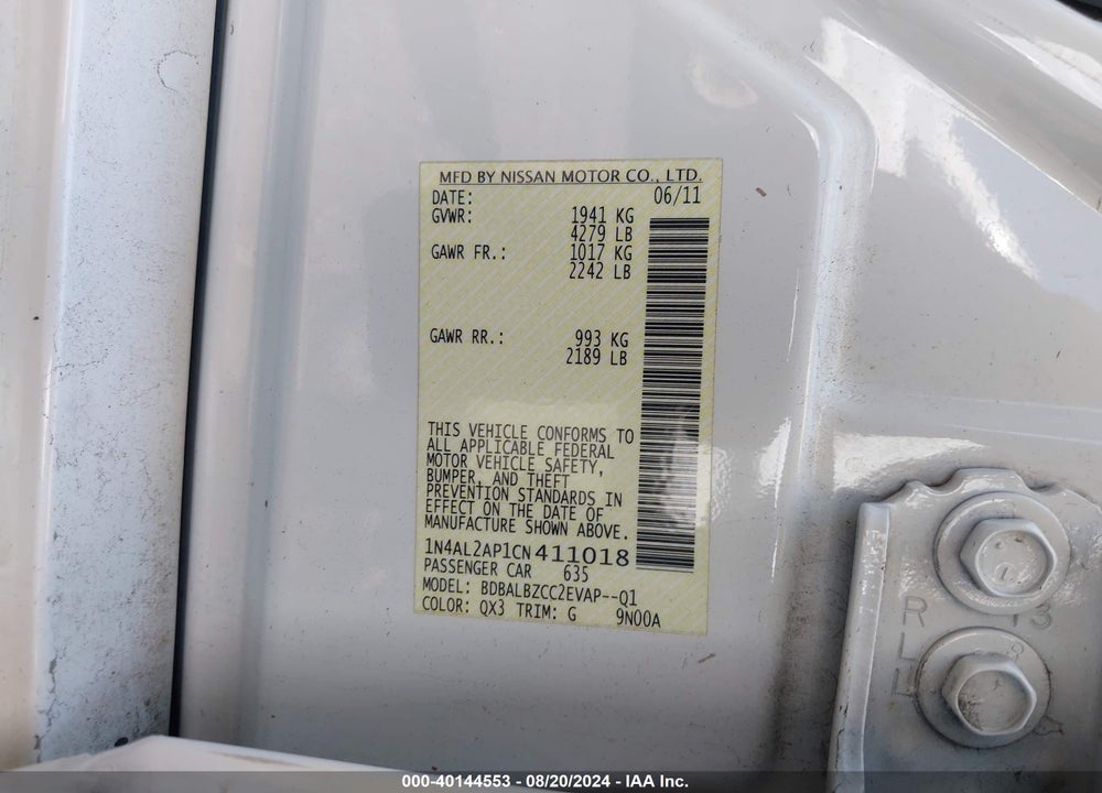 2012 NISSAN ALTIMA 2.5 S VIN: 1N4AL2AP1CN411018