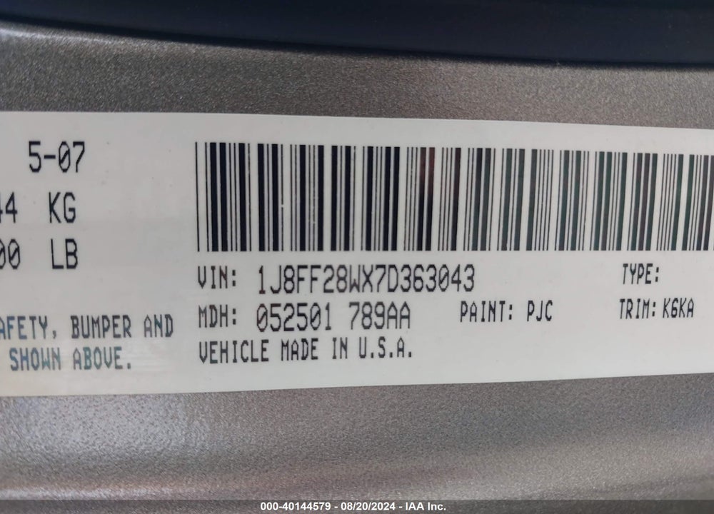 2007 JEEP PATRIOT VIN: 1J8FF28WX7D363043