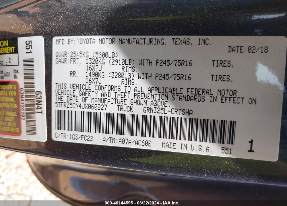 2018 TOYOTA TACOMA SR5 V6 VIN: 5TFRZ5CN4JX060227
