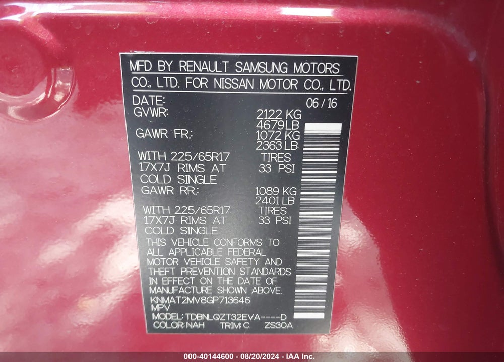 2016 NISSAN ROGUE SV VIN: KNMAT2MV8GP713646