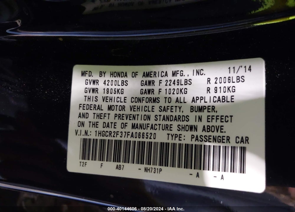 2015 HONDA ACCORD LX VIN: 1HGCR2F37FA066520